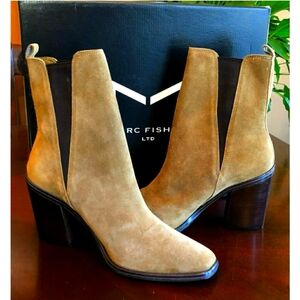 MARC FISHER Kristie Square Toe Bootie Pull-On tan Suede NWT 10